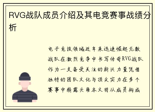 RVG战队成员介绍及其电竞赛事战绩分析
