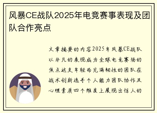风暴CE战队2025年电竞赛事表现及团队合作亮点